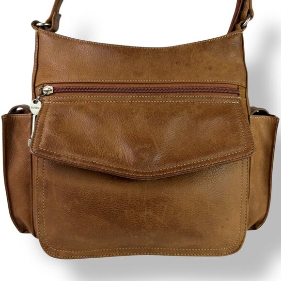 Fossil Handbags - Fossil Brown Leather Utility Crossbody Shoulder Bag Multi-Pocket Style 75082